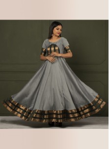 Glorious Grey Colored Festive Wear Woven Tapetta Silk Gown