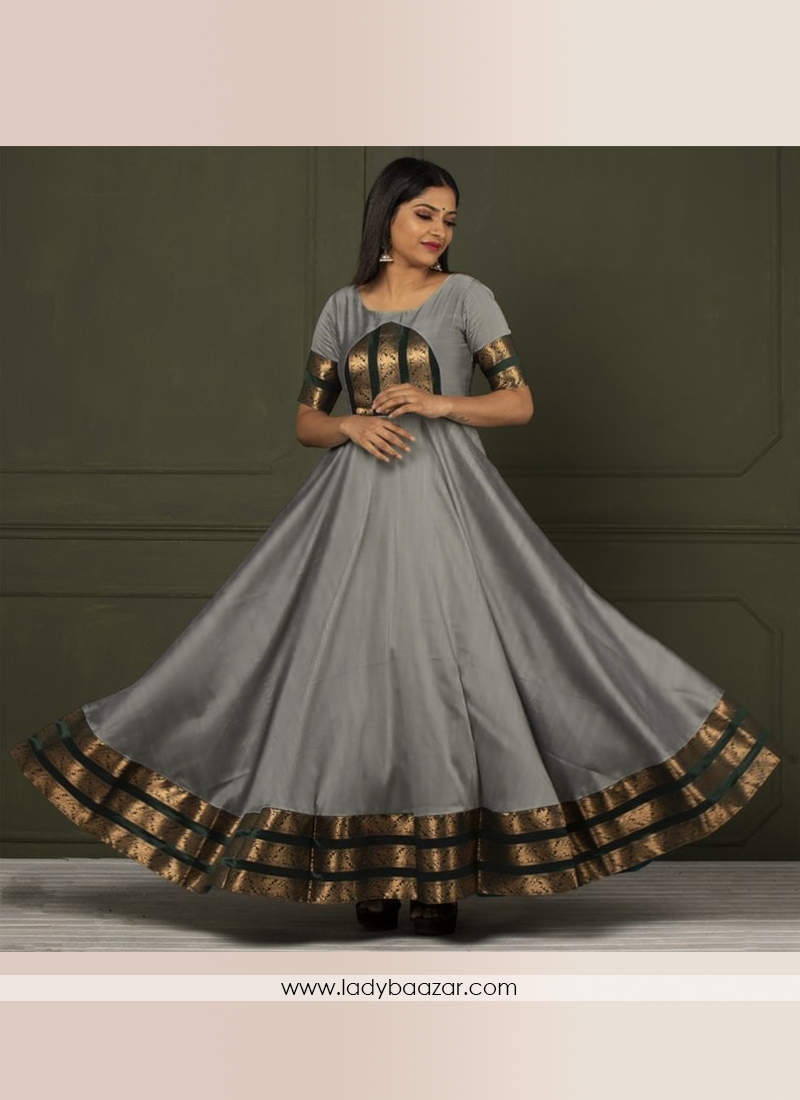 Glorious Grey Colored Festive Wear Woven Tapetta Silk Gown