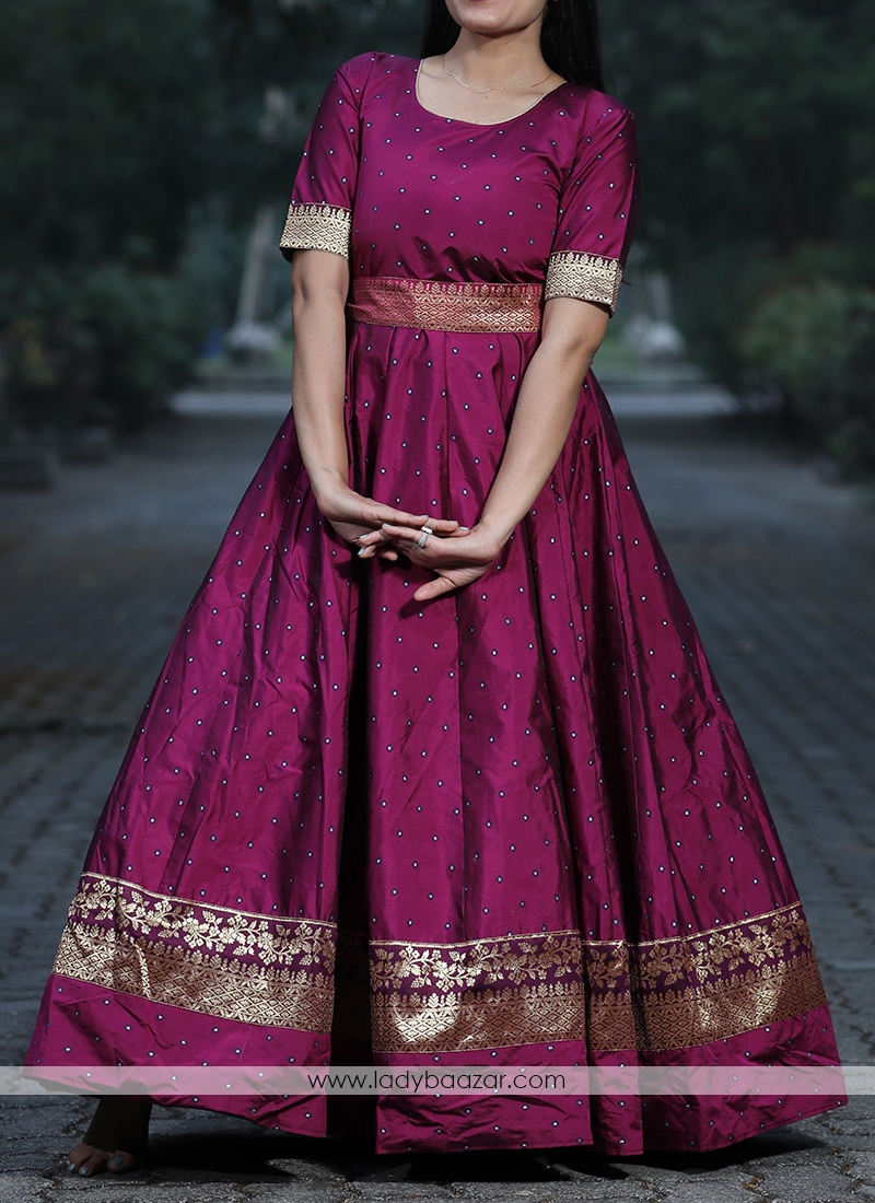 Glorious Purple Colored Partywear Jacquard Silk  Ready Made Gown