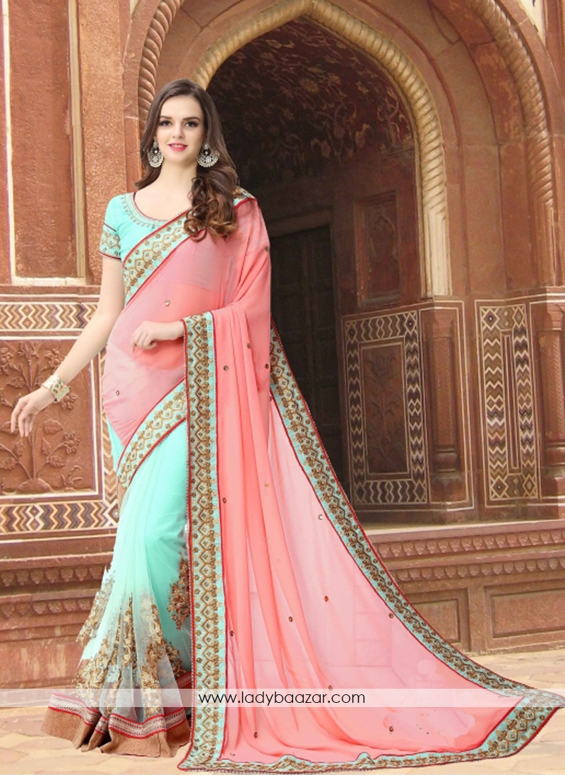 Glossy Embroidered Work Pink With Turquoise Half N Half Saree