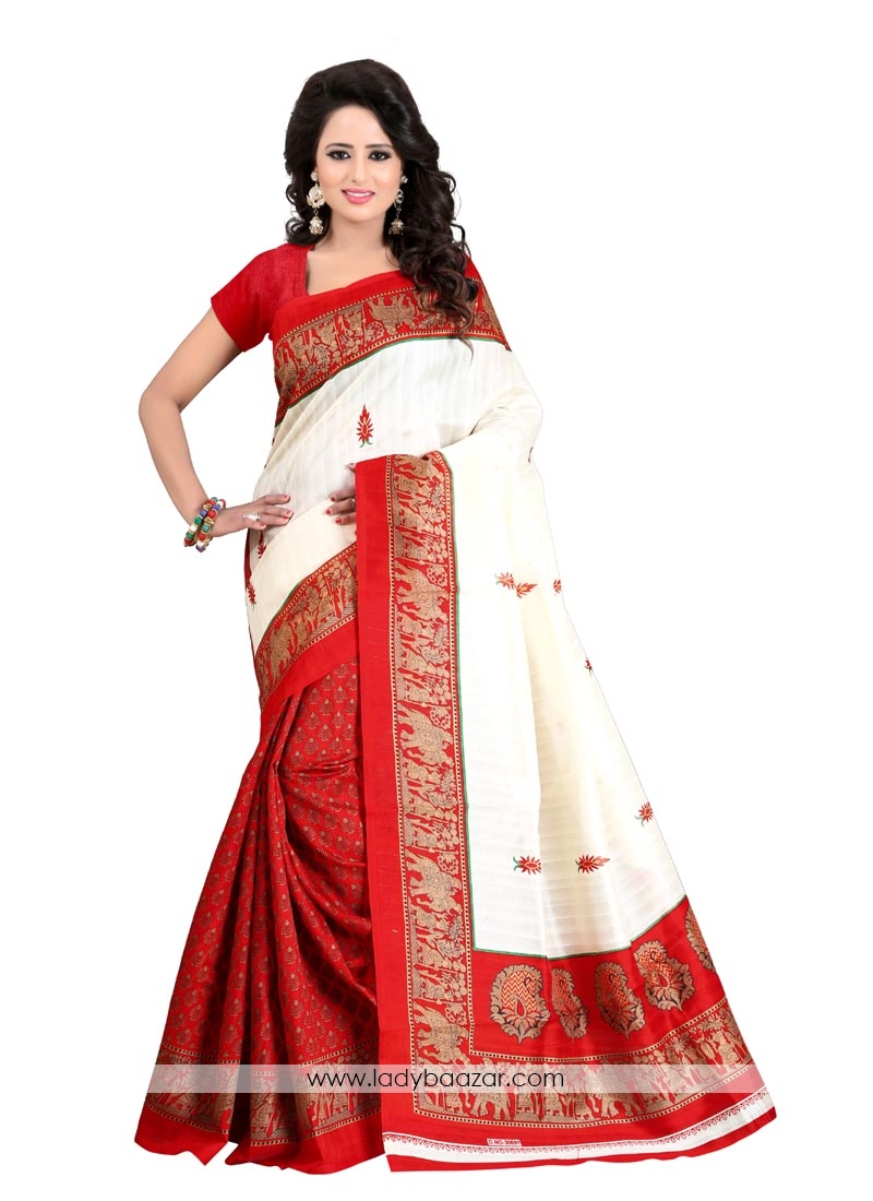 Glowing Red With Off White Bhagalpuri Silk Printed Saree