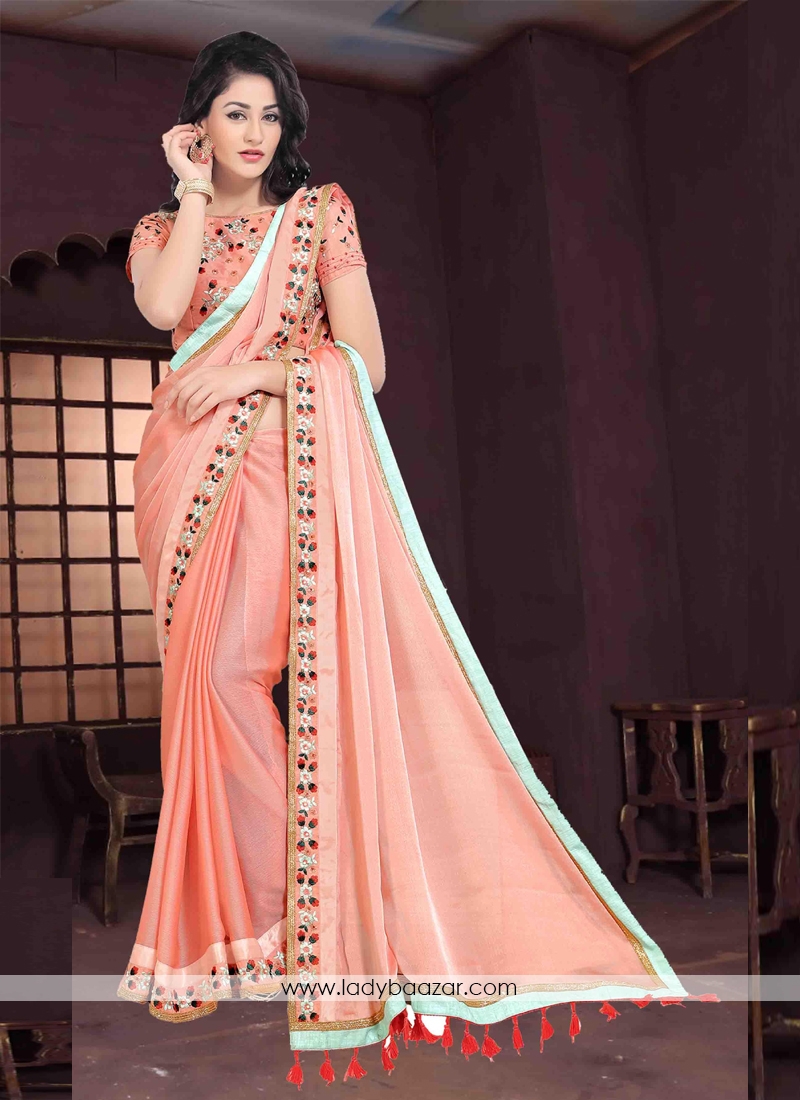 Gorgonize Chiffon Peach Embroidery Work Designer Saree