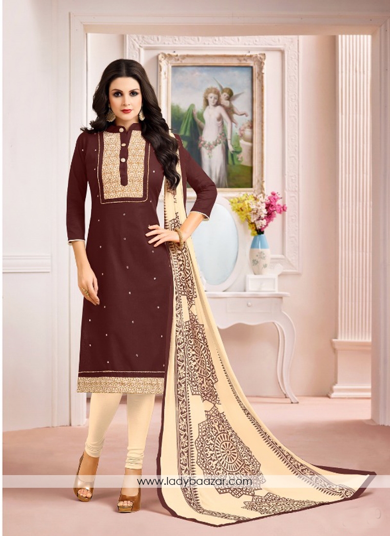 Gratifying Brown Embroidery With Printed Salwar Suit