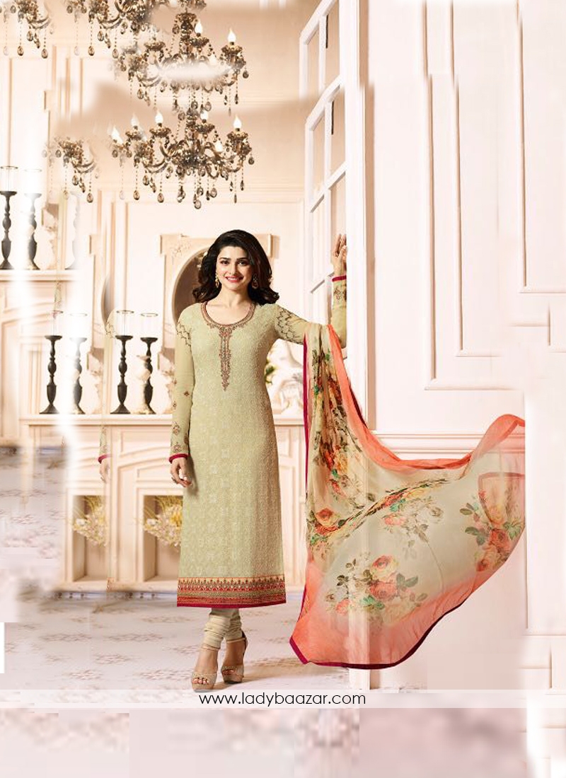 Gratifying  Cream Embroidery Work Georgette N Chiffon Salwar Suit