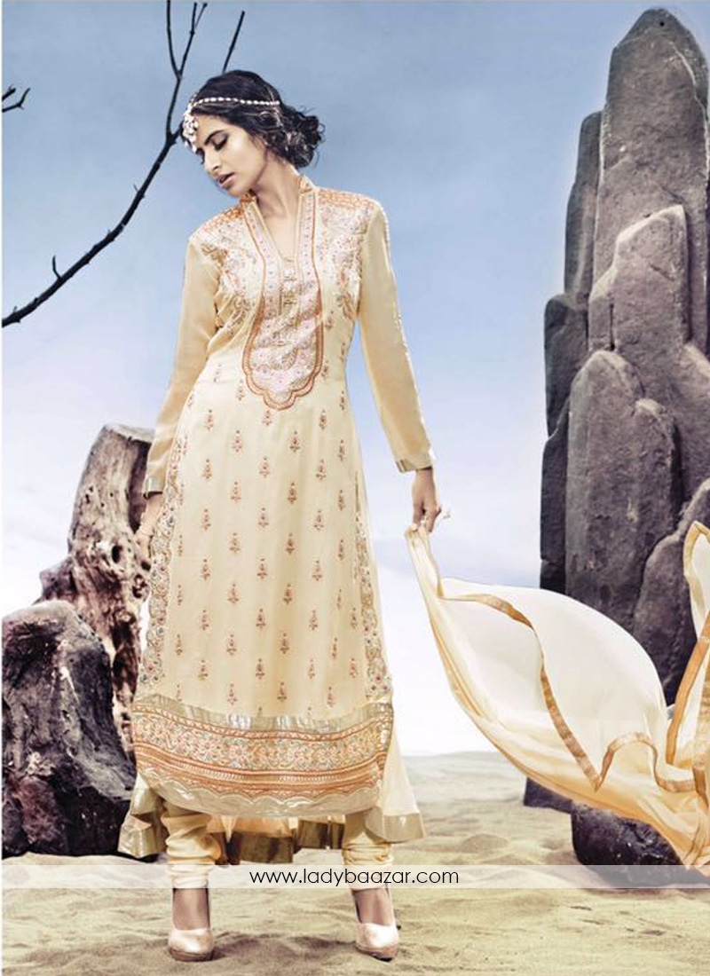 Desirable Cream Georgette Embroidered Anarkali Suit