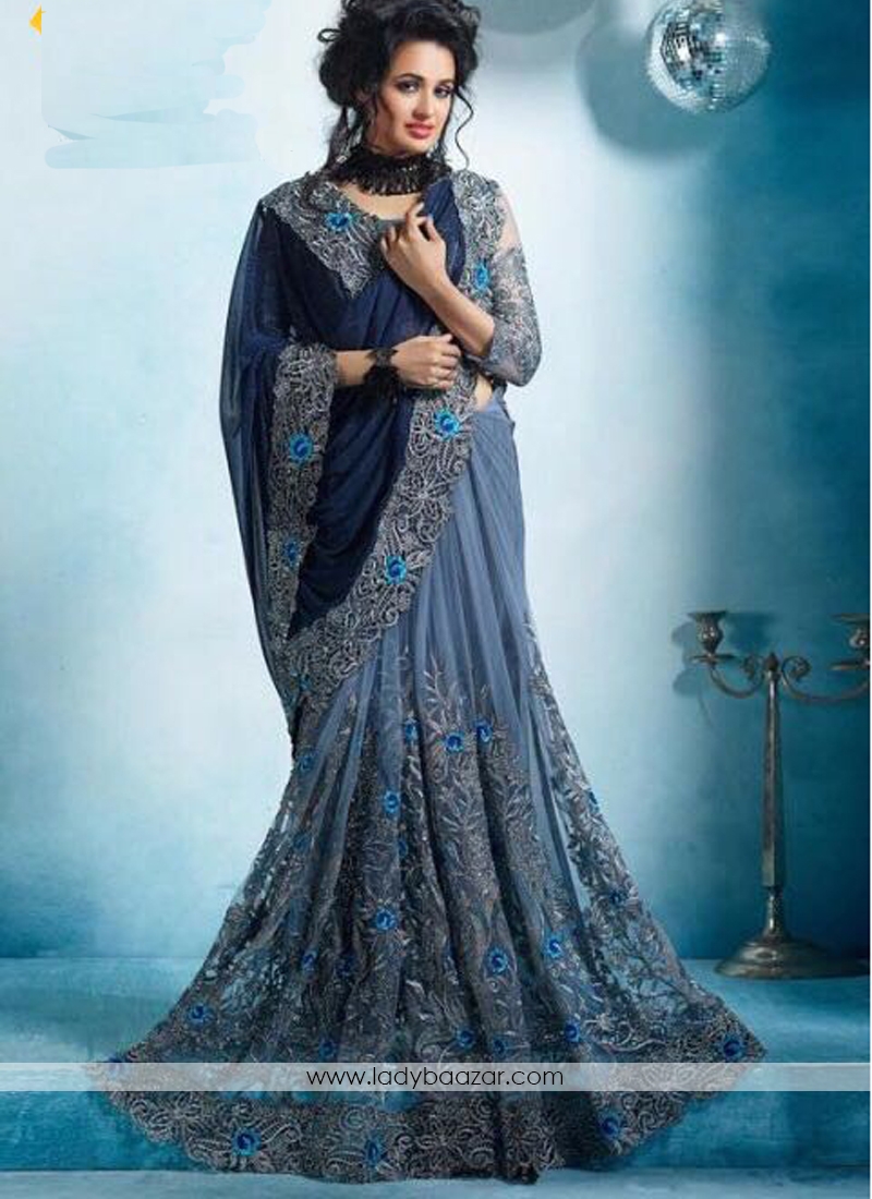 Gratifying Net With Georgette Navy Grey With Blue Designer Saree