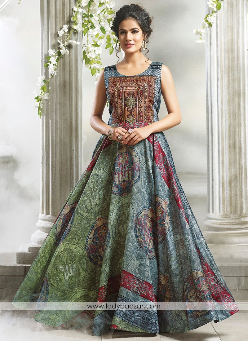 Green & Blue Shaded Designer Stiched Gown