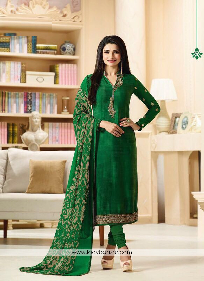 Green Crepe Embroidery Work Straight Suit