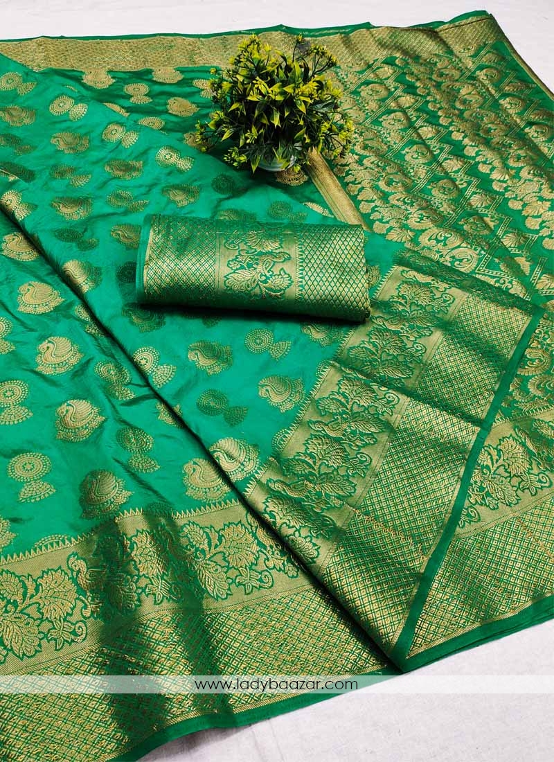 Green Festive Wear Woven Silk Saree