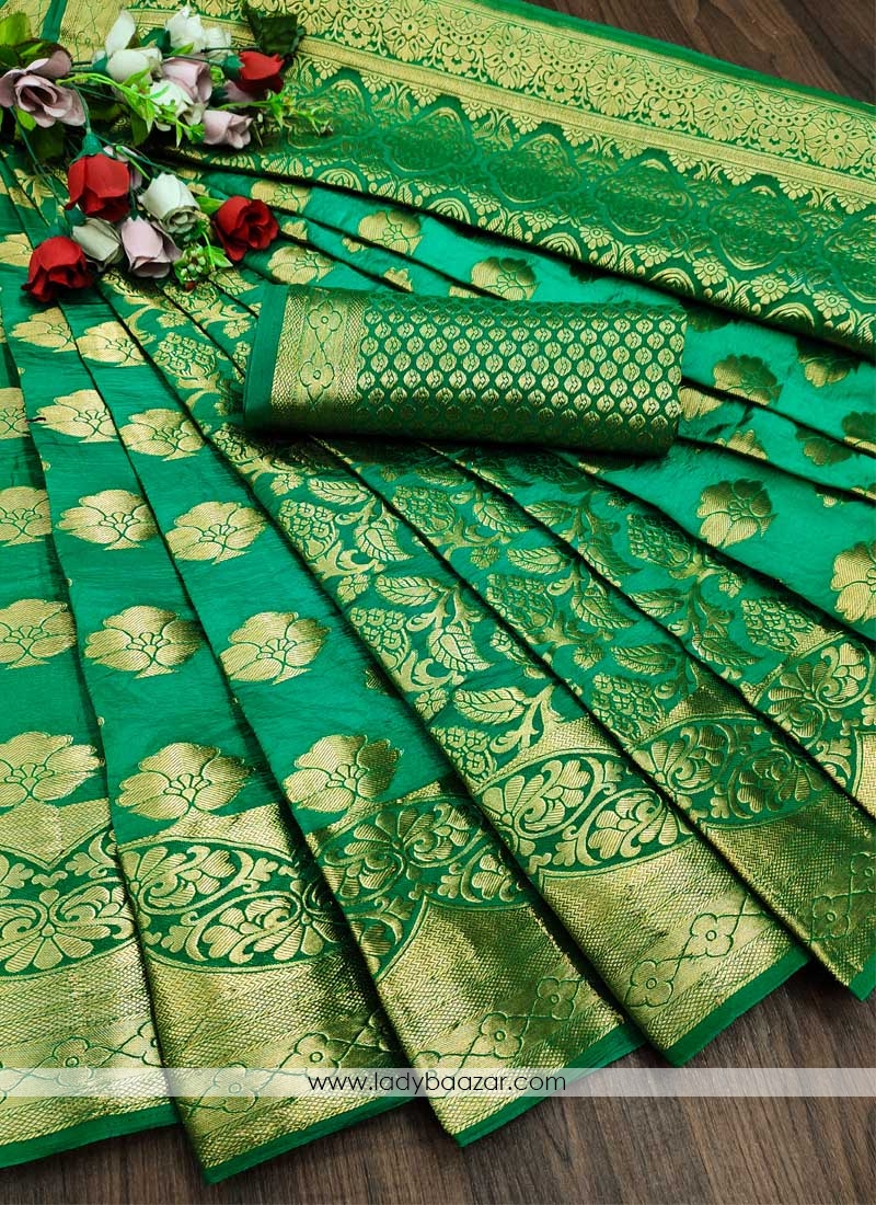 Green Festive Wear Woven Silk Saree