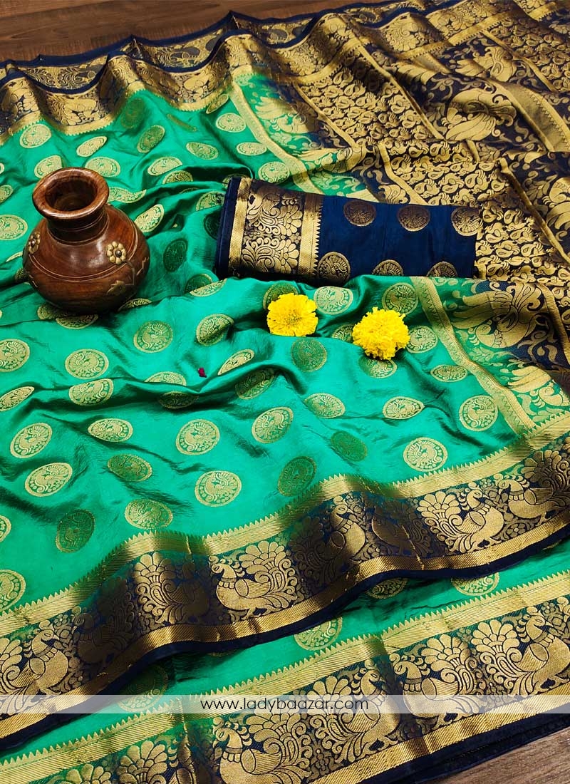 Green Festive Wear Woven Silk Saree