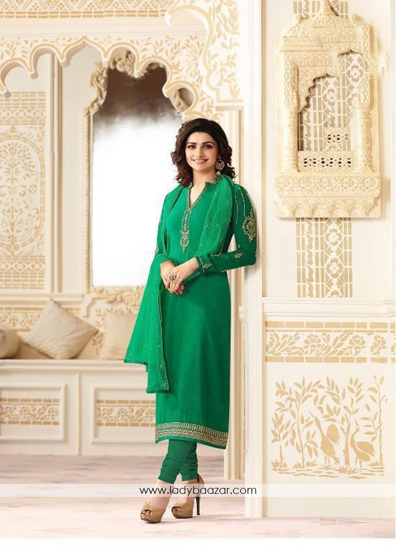 Green Georgette Printed With Embroidery Work Straight Salwar Suit