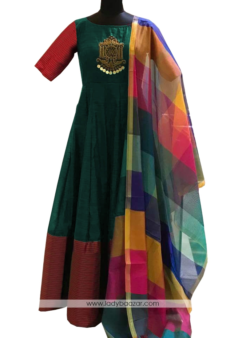 Green Tapeta Silk Diamond  And Embroidery And Mirror Work Readymade Gown With Cotton Silk Dupatta