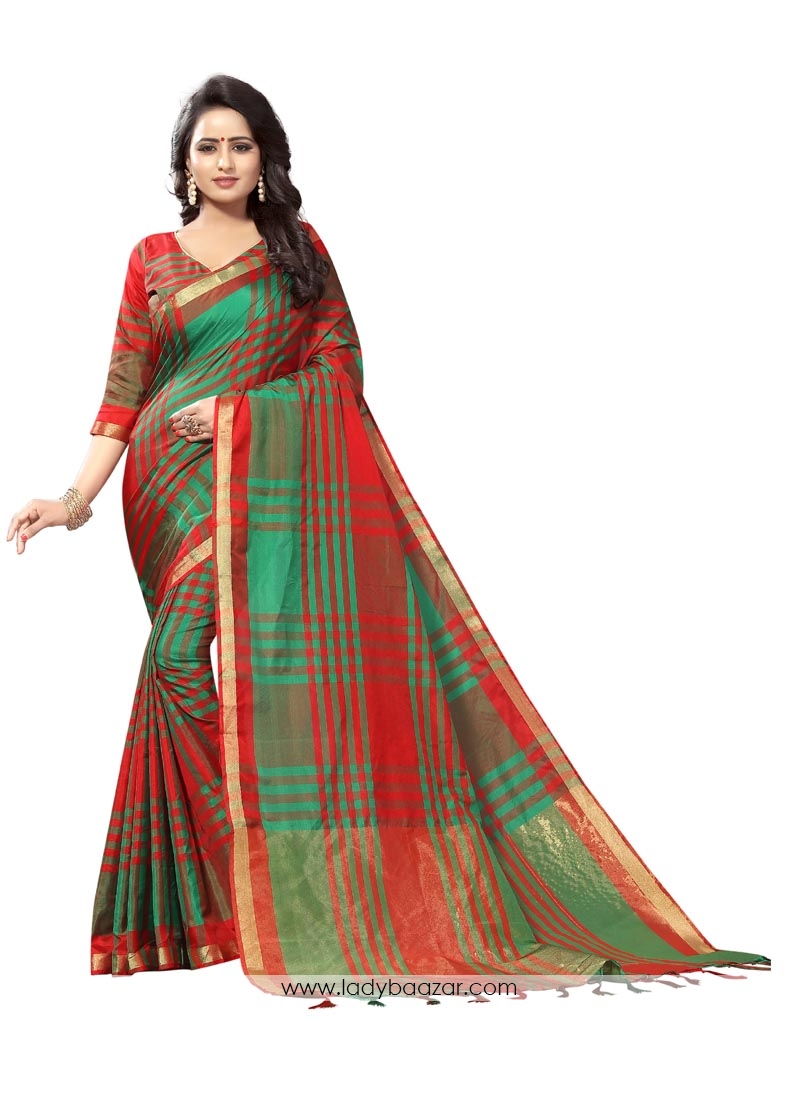 Green With Red Cotton Silk Casual Saree