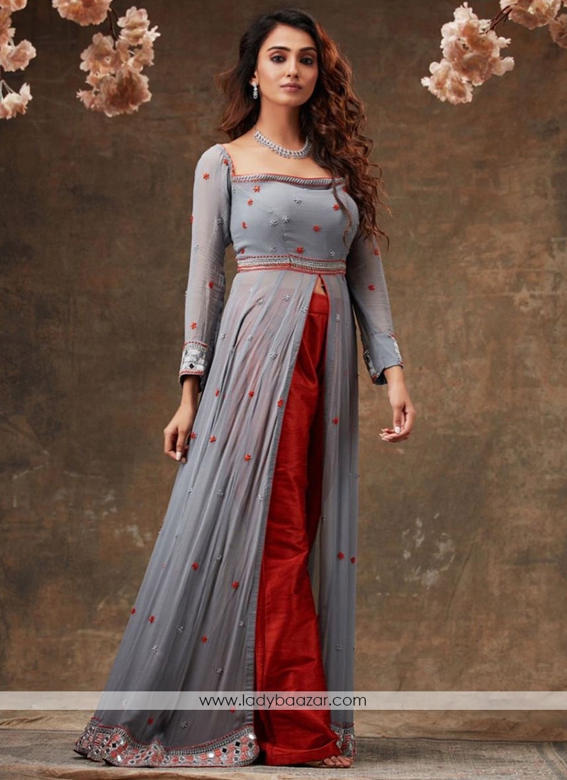 Grey Designer Embroidered  And Foil Mirror Work Front Cut Designer Wear Outfit Along With Plazzo