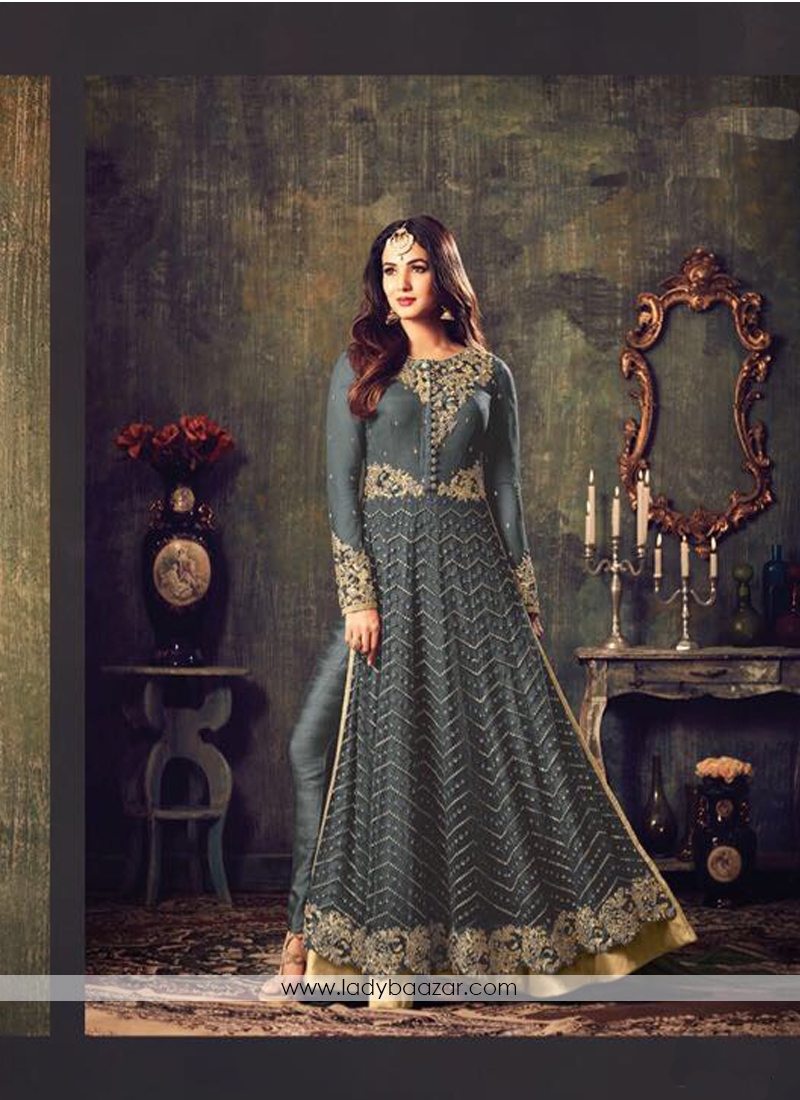 Grey Zari Work Floor Length Anarkali Suit