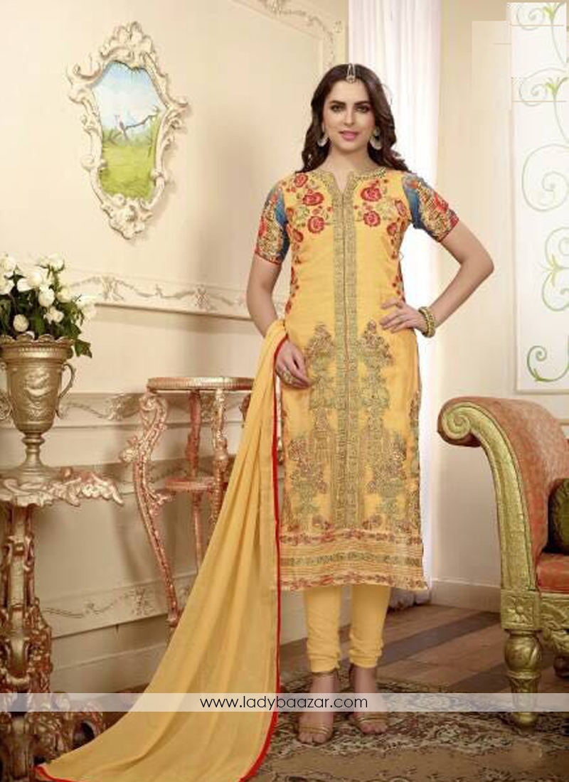 Gripping Cotton Embroidery Work Churidar Suit