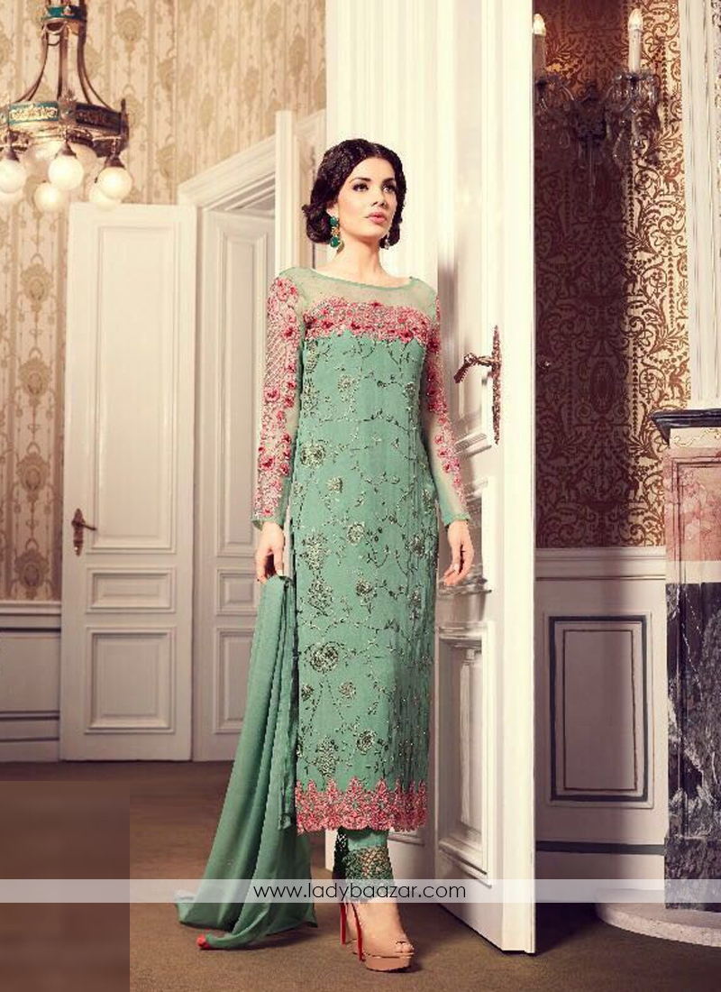 Gripping Green Georgette Embroidery Work Designer Suit