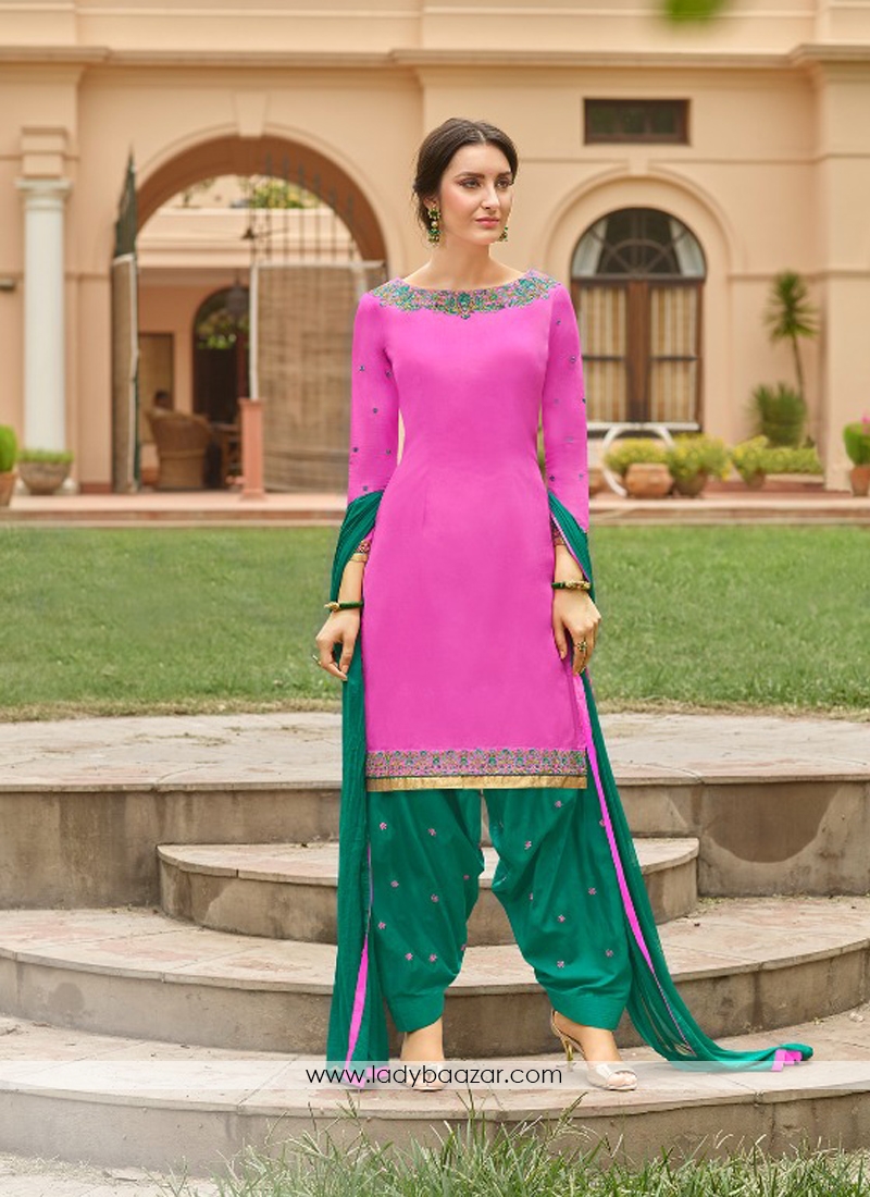 Groovy Green With Pink Cotton Embroidery Work Patiyala Suit