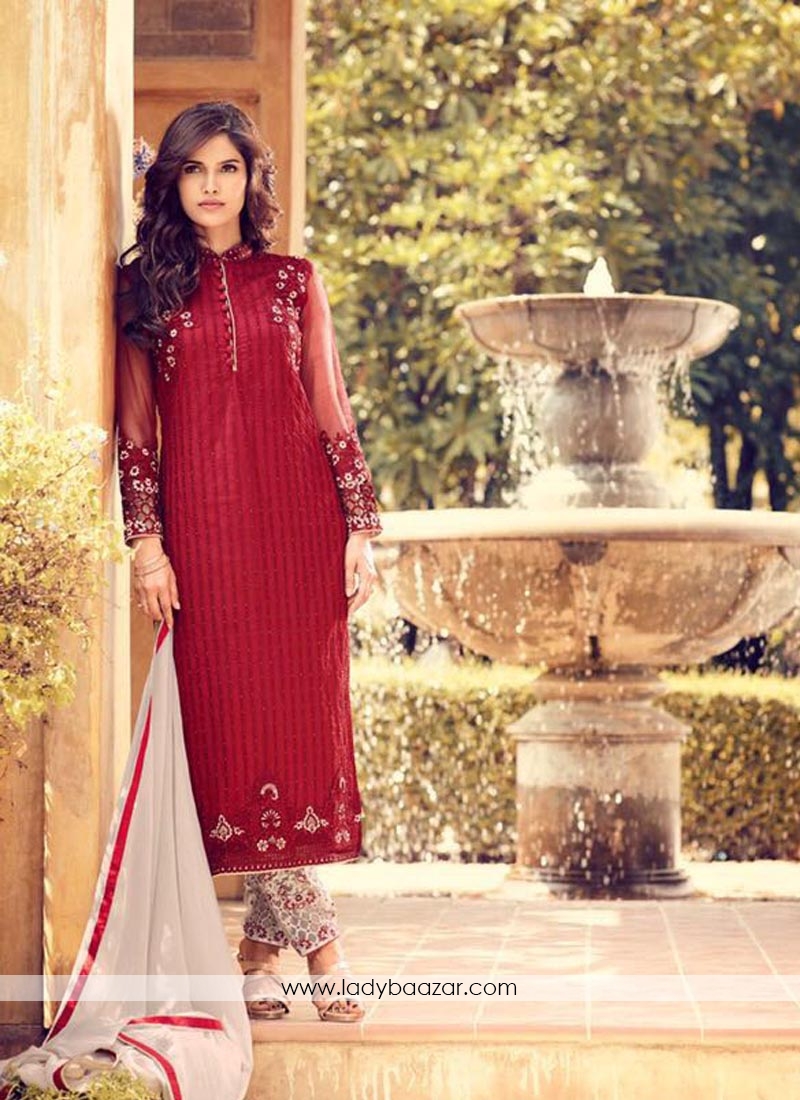 Groovy Red Color Georgette Embroidery Work Pant Style Suit