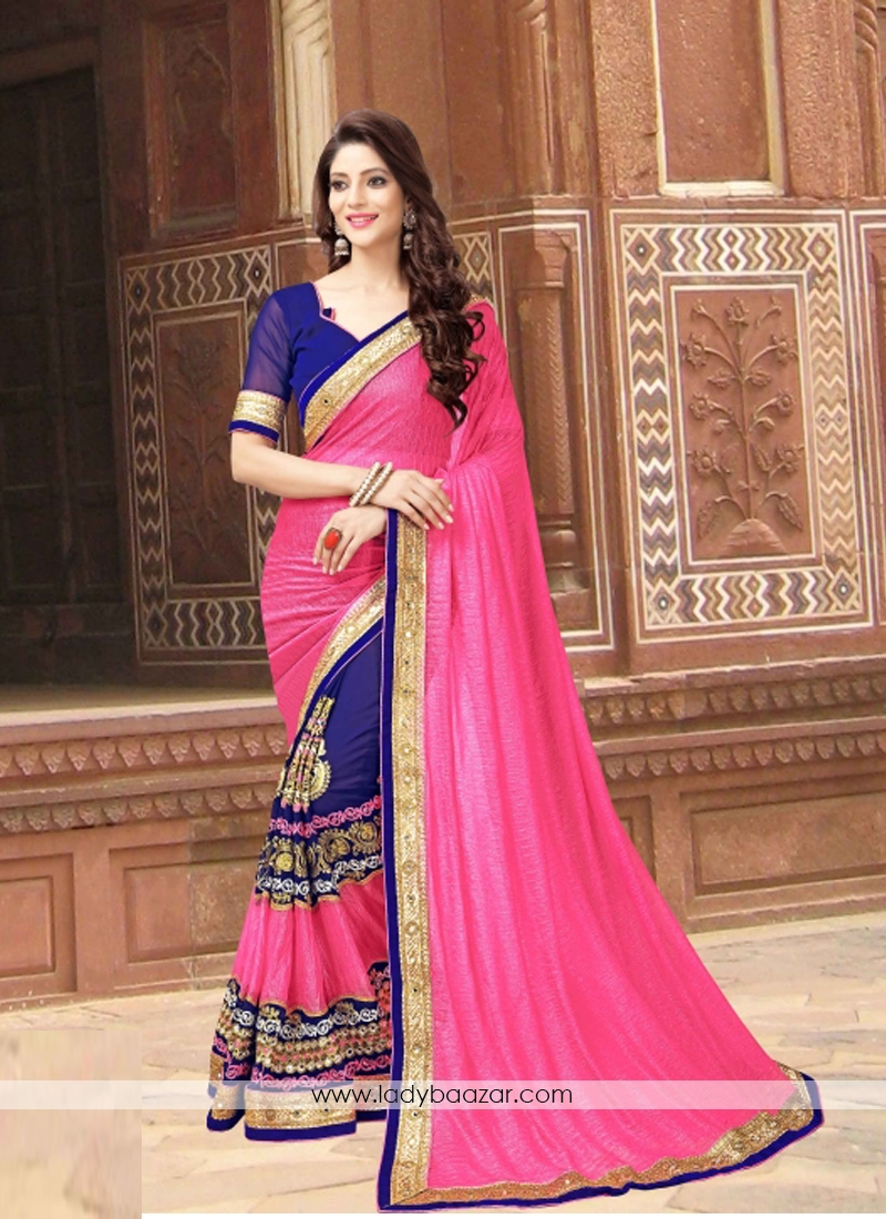 Honourable  Georgette Pink With Blue  Designer Saree