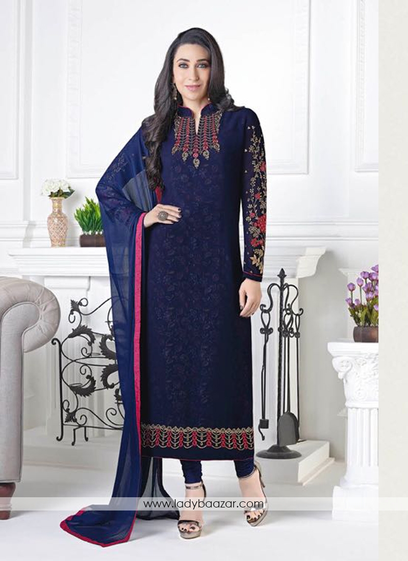 Honourable Navy Blue Crepe Embroidery Work Salwar Kameez