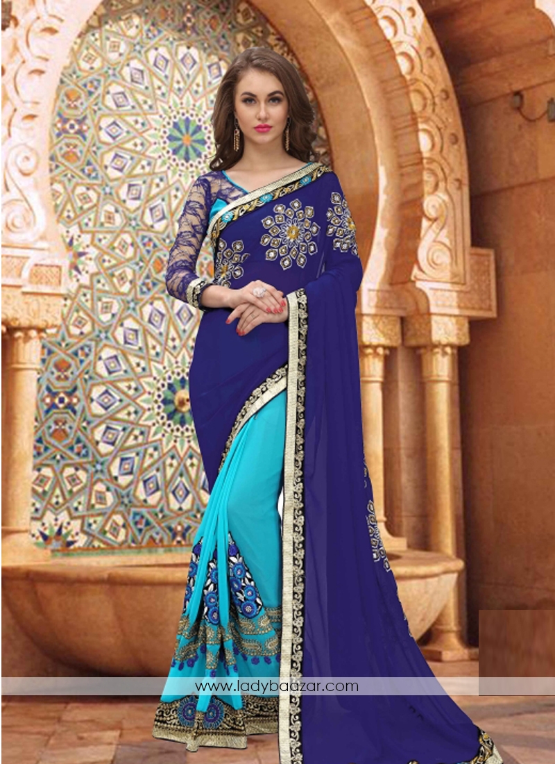 Hypnotizing Embroidery Work Half N Half Saree