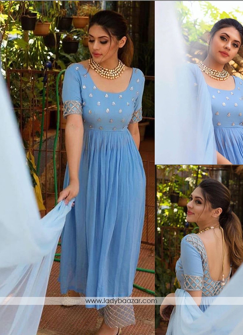 Ice Blue Impressive Designer Embroidered And Handwork Outfit Along With Plazzo And Dupatta