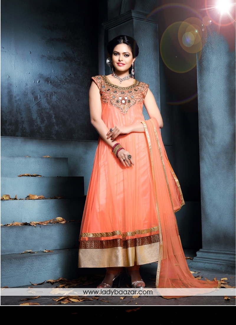 Ideal hand Work Orange Net Anarkali Salwar Kameez