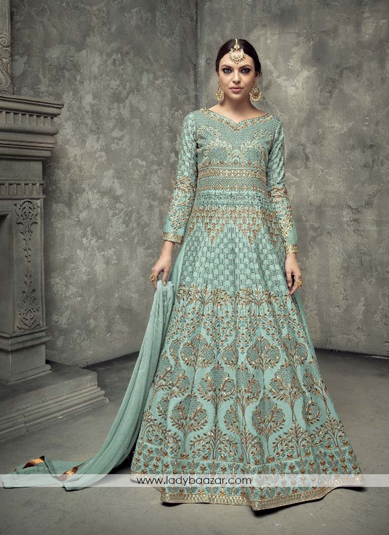 Impeccable Tussar Silk Turquoise Floor Length Anarkali Suit