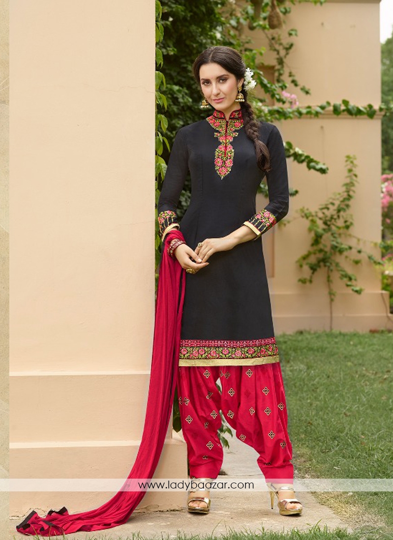 Imperial  Black With Red Cotton Embroidery Patiyala Suit