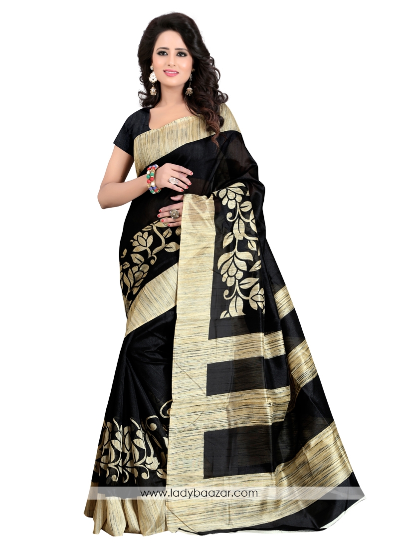 Imposing Black Printed Bhagalpuri Silk Saree