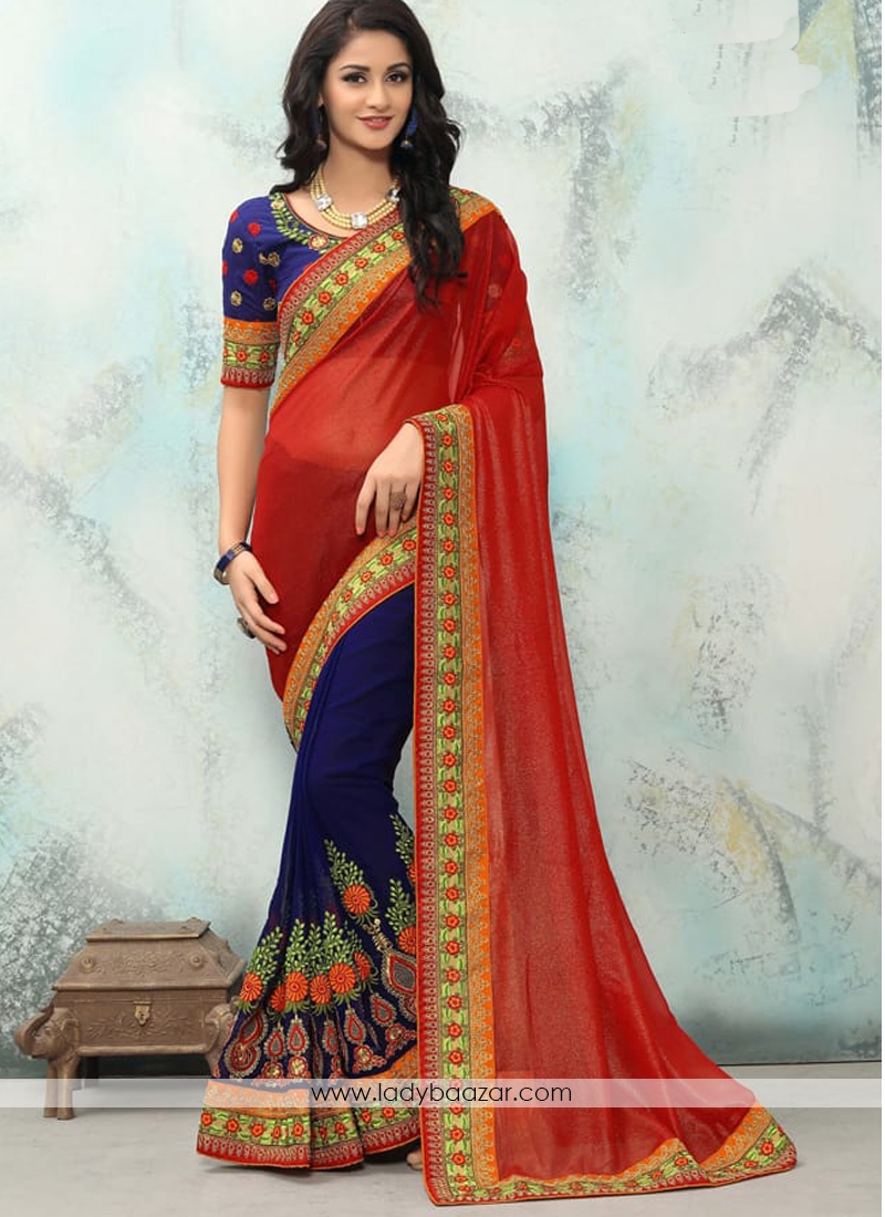 Impressive Blue And Red Embroidery Work Georgette With Smoke Georgette  Half N Half Saree