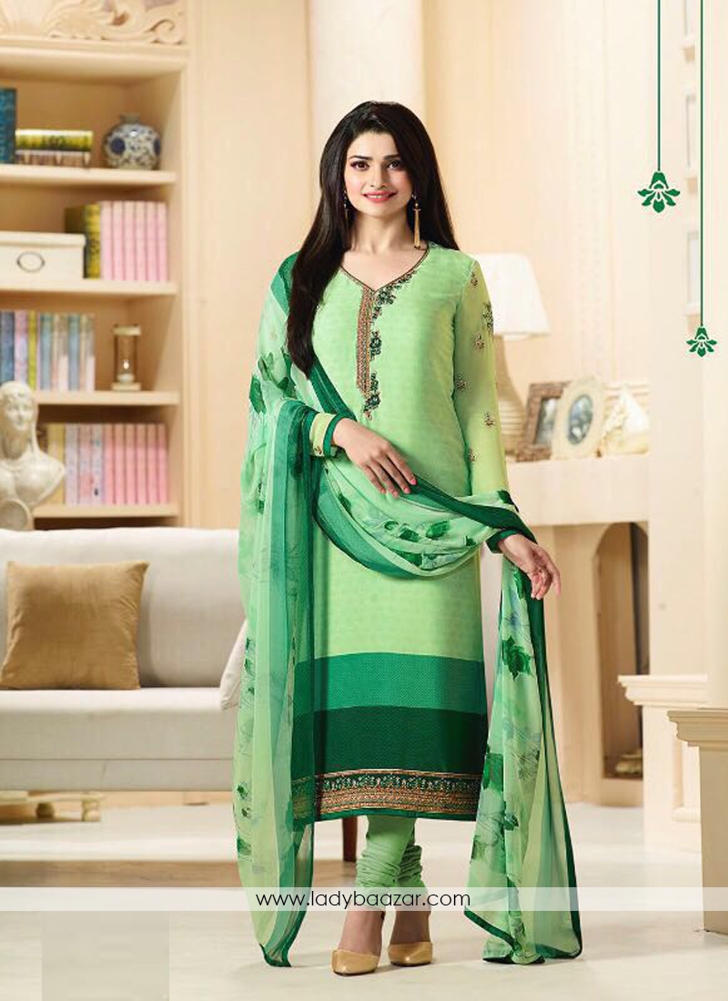 Impressive Green Crepe Embroidery Work Churidar Dress