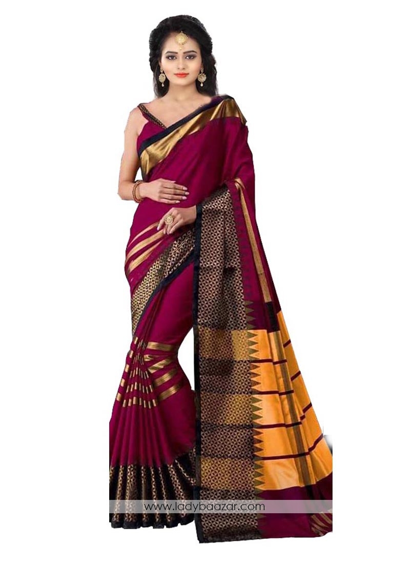 Impressive Maroon Color Digital Printed Cotton Silk Saree