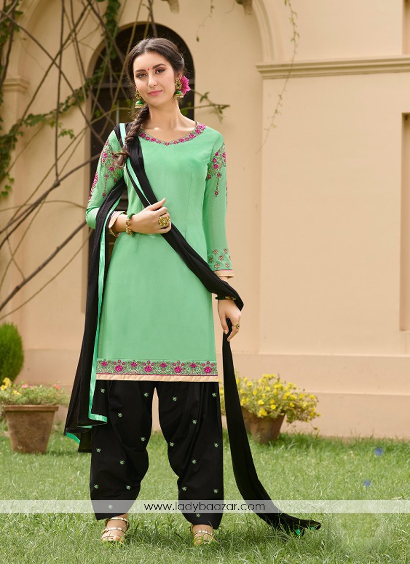 Incredible Green Cotton Embroidery Work Patiyala Suit