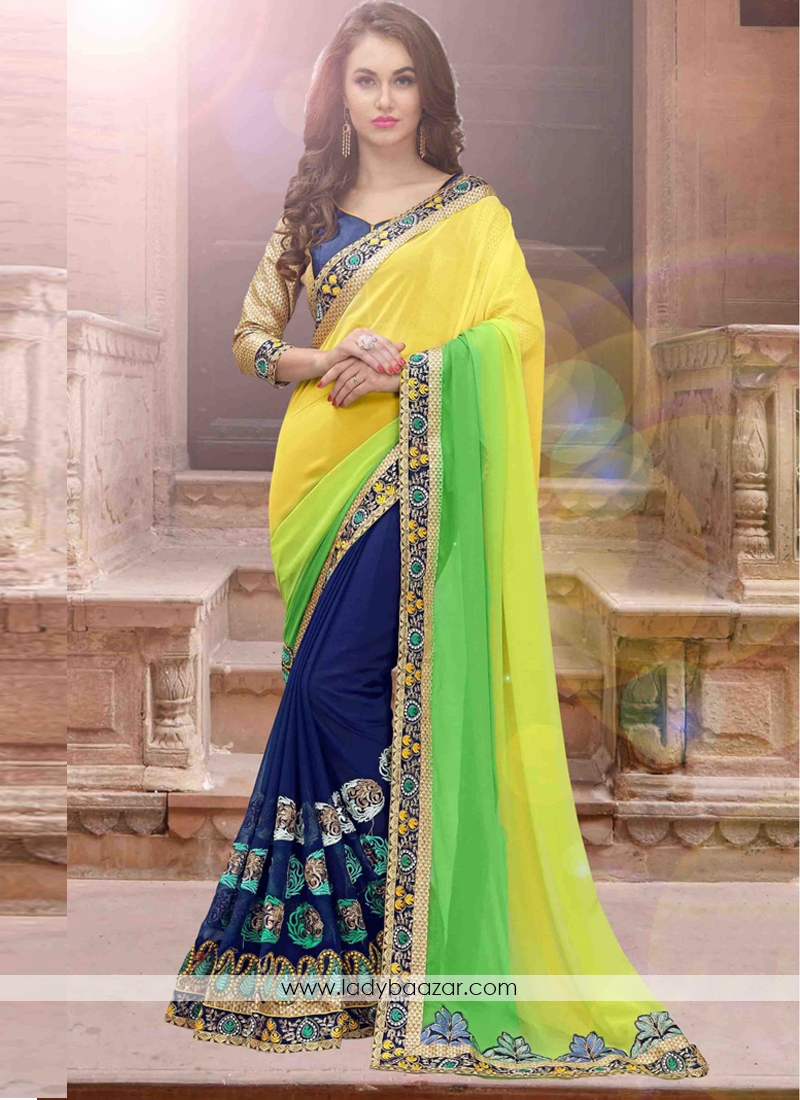 Innovative Georgette Lemon With Blue Designer Half N Half Saree