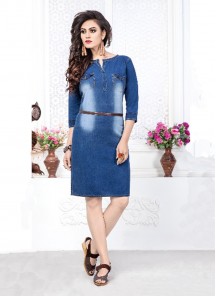 Innovative Print Work Denim Blue Party Wear Kurti