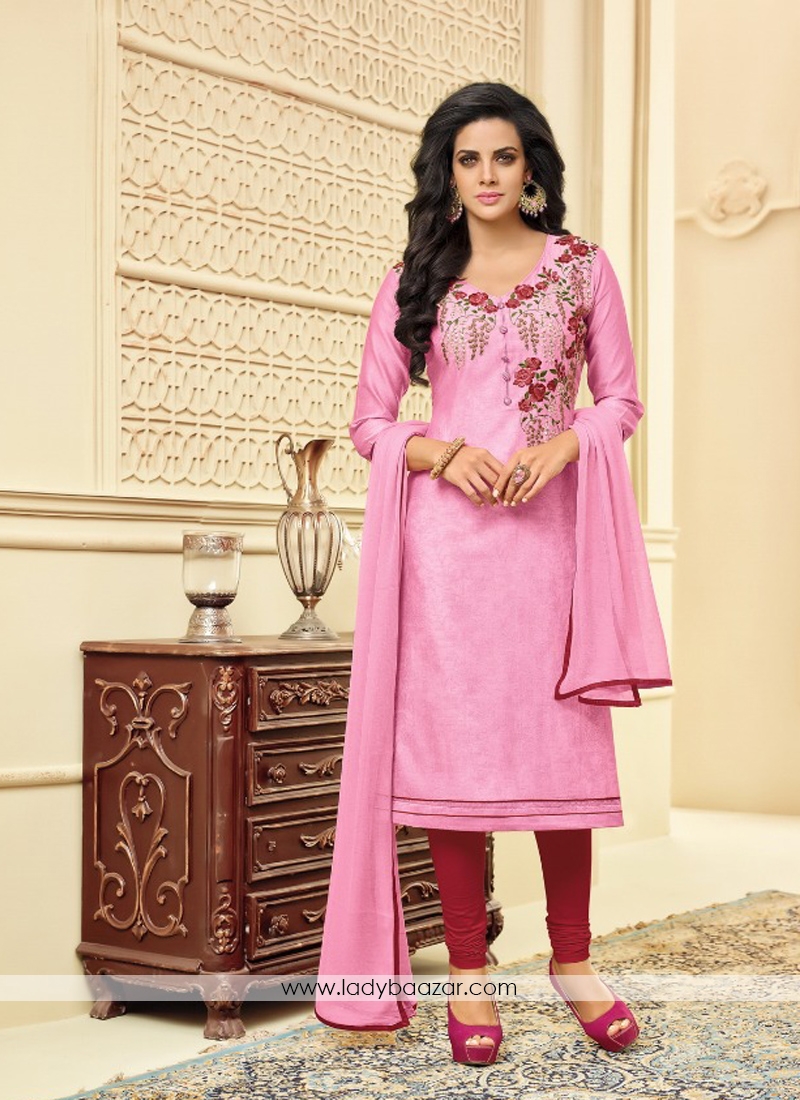 Intriguing Chanderi Pink Embroidery Work Salwar Suit