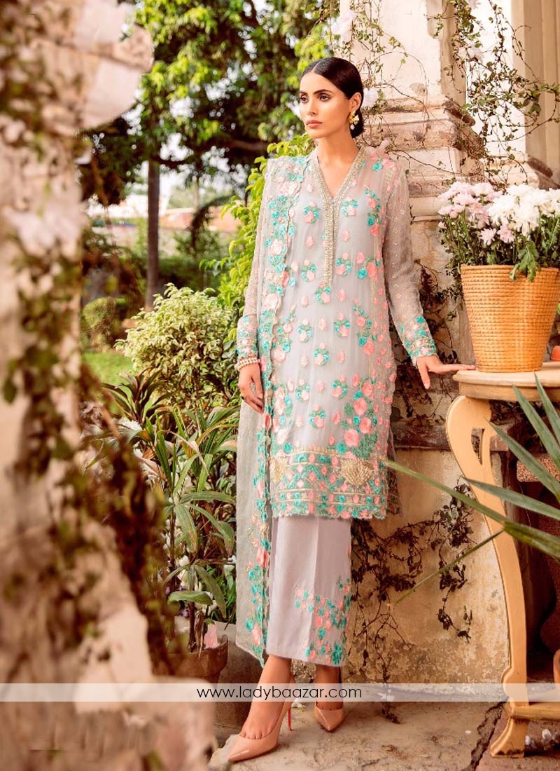 Invigorating Embroidered Work Gray Designer Straight Suit