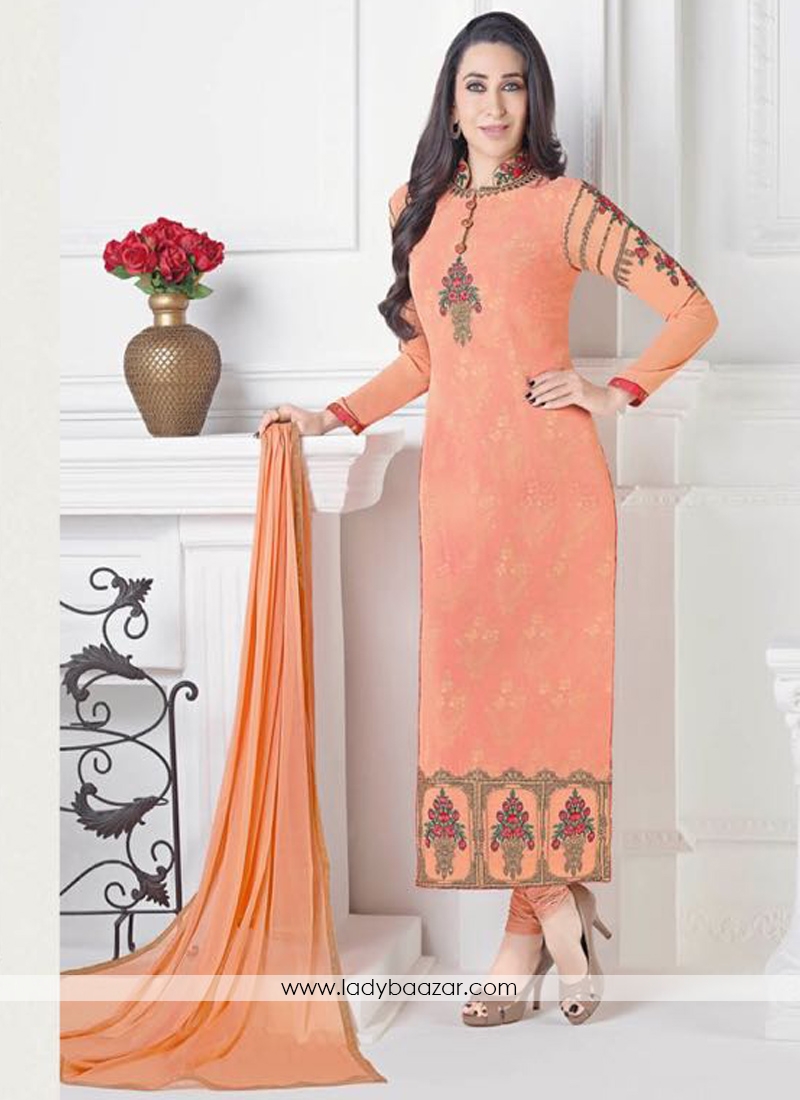 Invigorating  Peach Crepe Embroidery Work Straight Suit