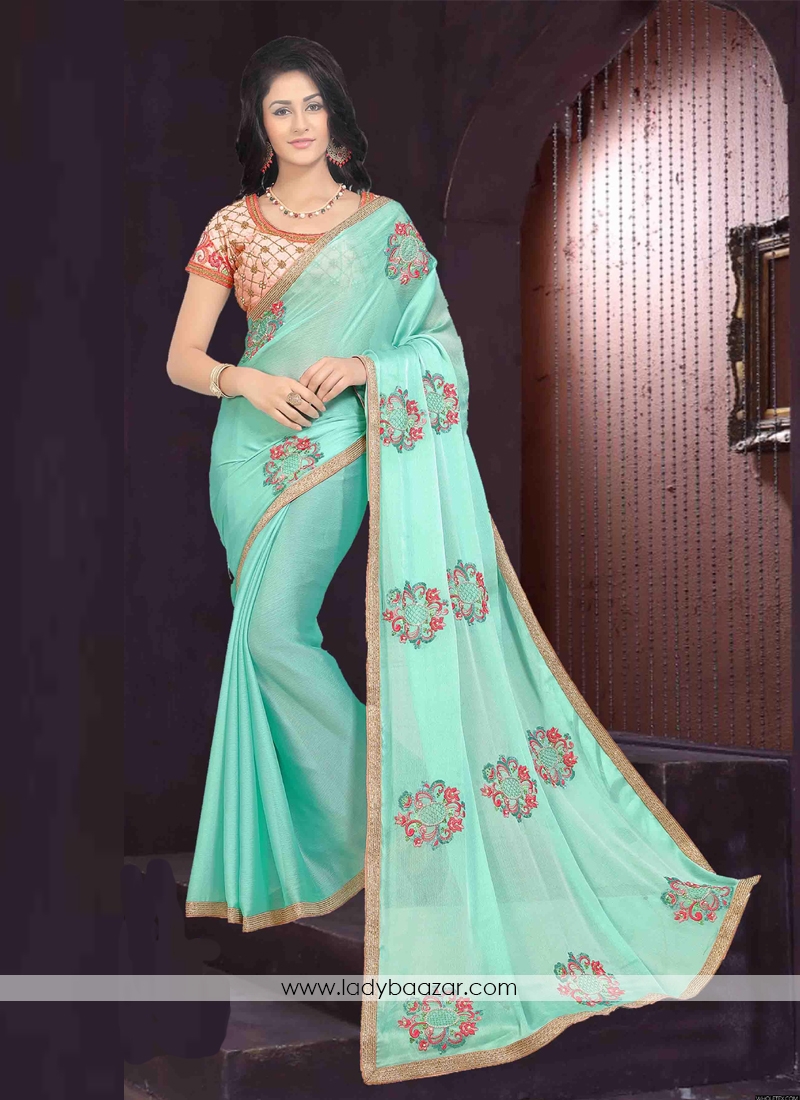 Irresistible Chiffon  Turquoise Embroidery Designer Saree