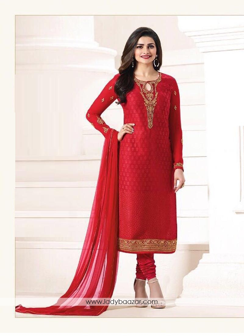 Jazzy Brasso Red Embroidery Work Straight Suit