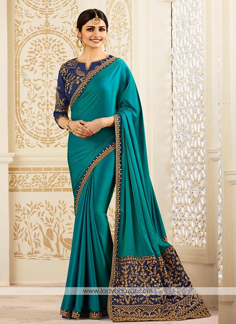 Jazzy Sea Green Silk Embroidery Work Designer  Saree