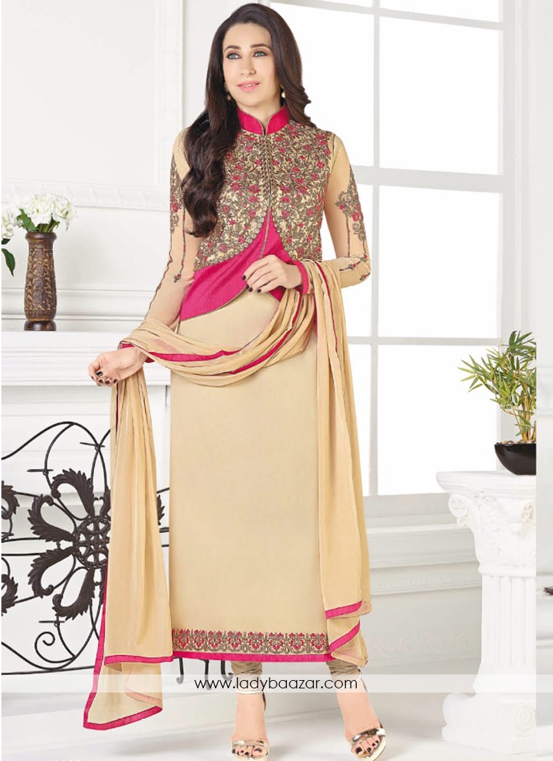 Lavish Georgette Cream Embroidery Work Straight  Suit