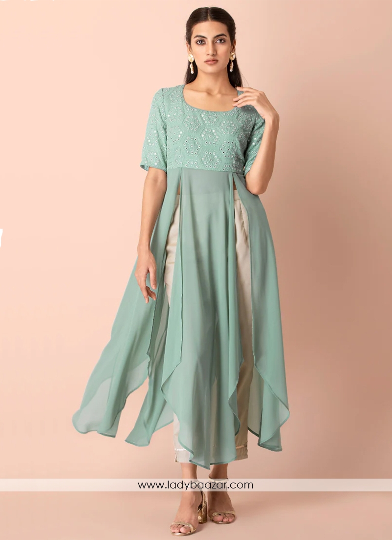 Light Sea Green Mirror Embroidered Georgette Kurta Set