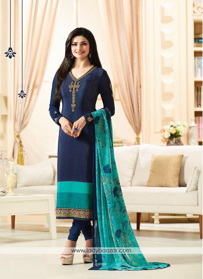 Lively Navy Blue Crepe Embroidery Work Salawar Kameez