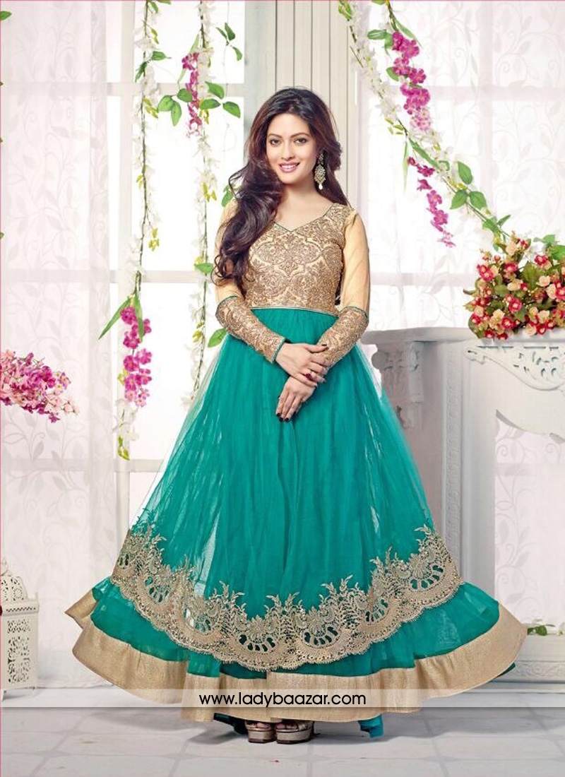 Lively Resham Work Net Sea Green Anarkali Salwar Suit