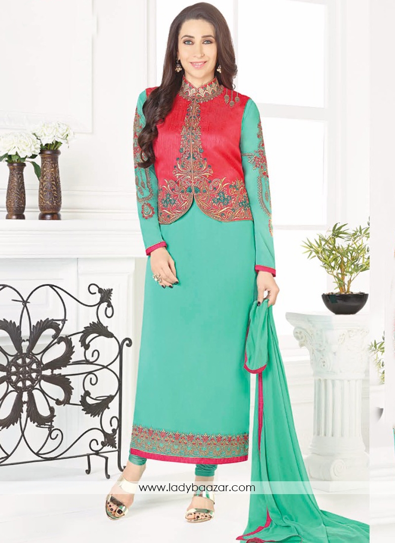 Lively Turquoise Embroidery Work Georgette Designer Suit