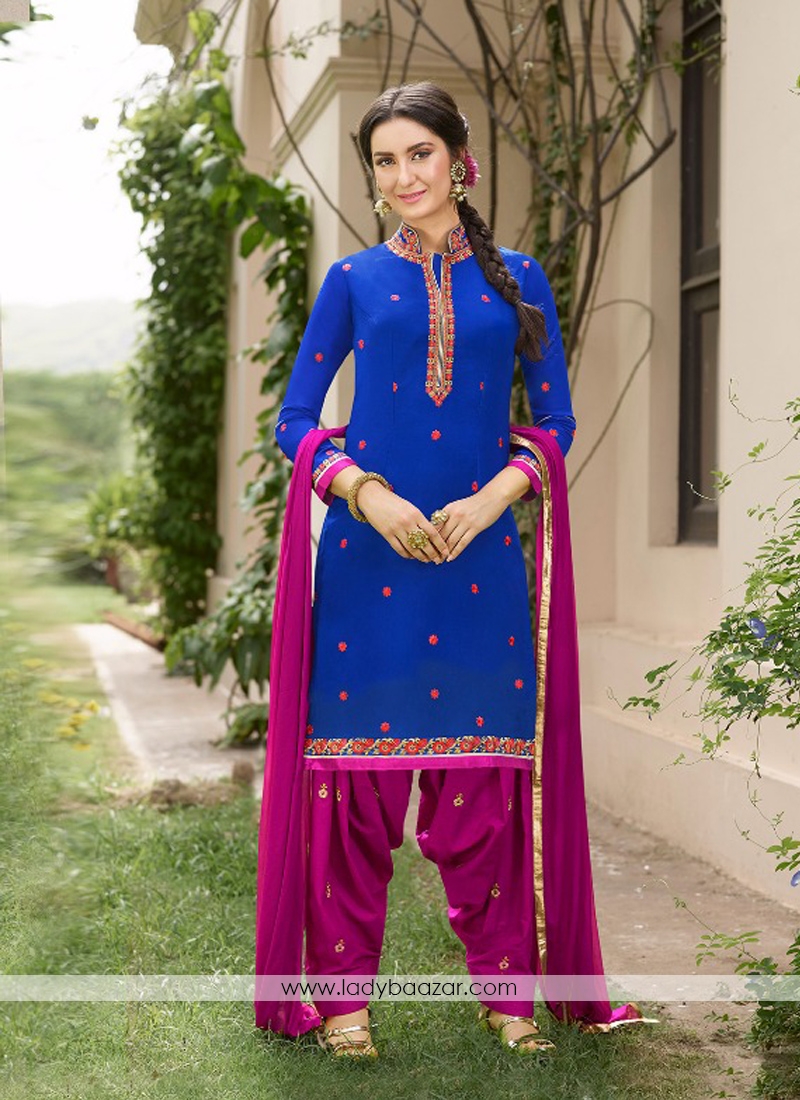 Magnetic Blue Cotton Embroidery Work Patiyala Salwar Suit